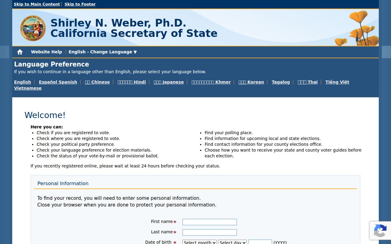 Pasadena resident lookup California My Voter Status form